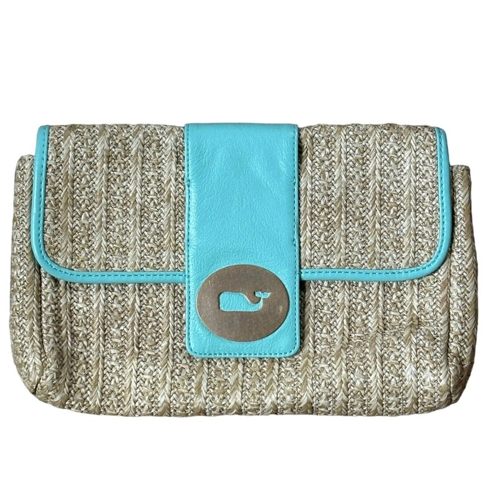 Vineyard Vines Straw Clutch Purse Turquoise Vegan Leather Trim Whale Logo Tan‎